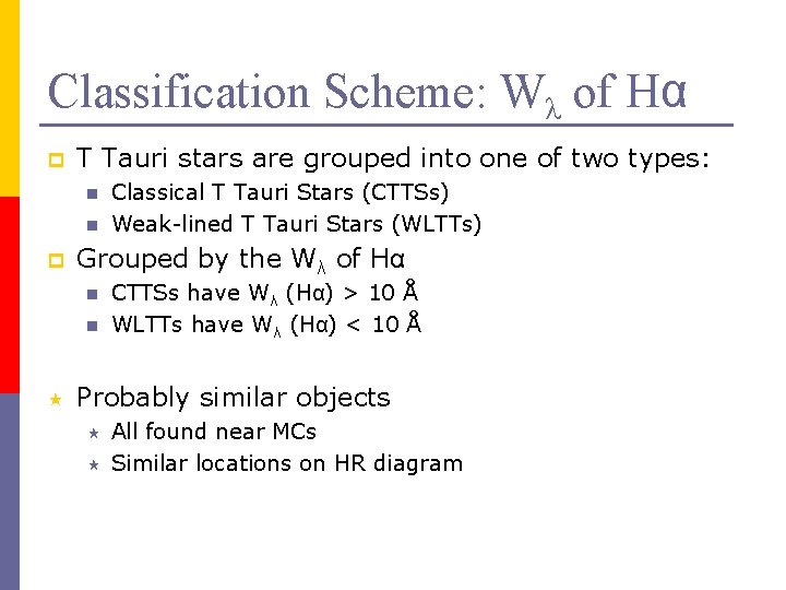 Classification Scheme: Wλ of Hα p T Tauri stars are grouped into one of
