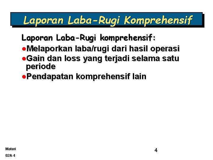 Laporan Laba-Rugi Komprehensif Laporan Laba-Rugi komprehensif: l. Melaporkan laba/rugi dari hasil operasi l. Gain
