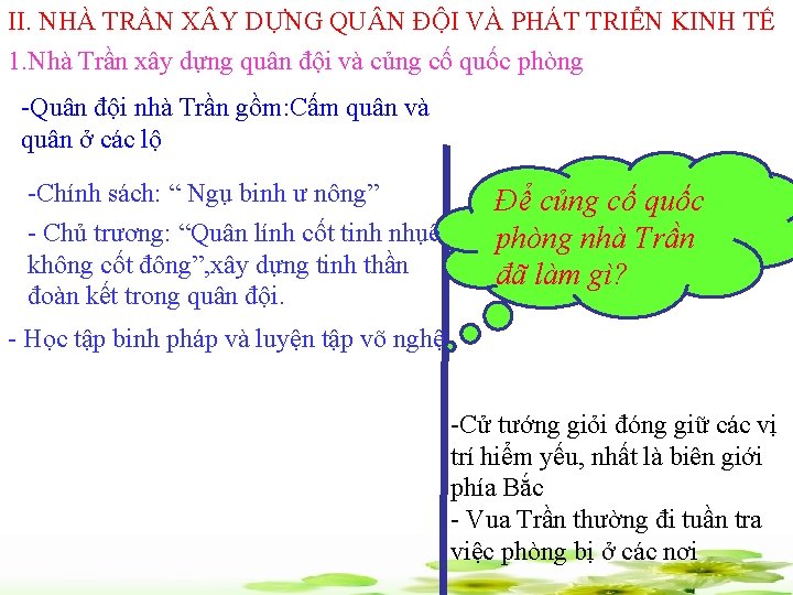 II. NHÀ TRẦN X Y DỰNG QU N ĐỘI VÀ PHÁT TRIỂN KINH TẾ