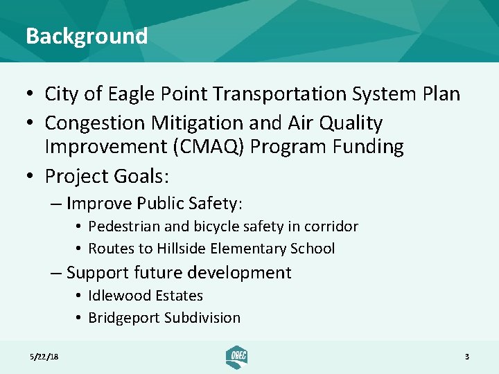 Background • City of Eagle Point Transportation System Plan • Congestion Mitigation and Air