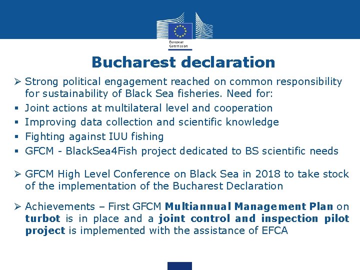 Bucharest declaration Ø Strong political engagement reached on common responsibility for sustainability of Black