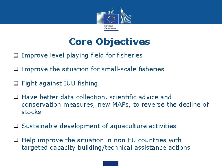 Core Objectives q Improve level playing field for fisheries q Improve the situation for