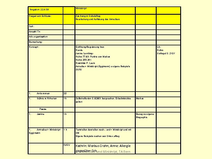 Miniskript Angebot: 22. 4. 09 Fragen am Schluss: Zus. hang m Schulalltag Bearbeitung und