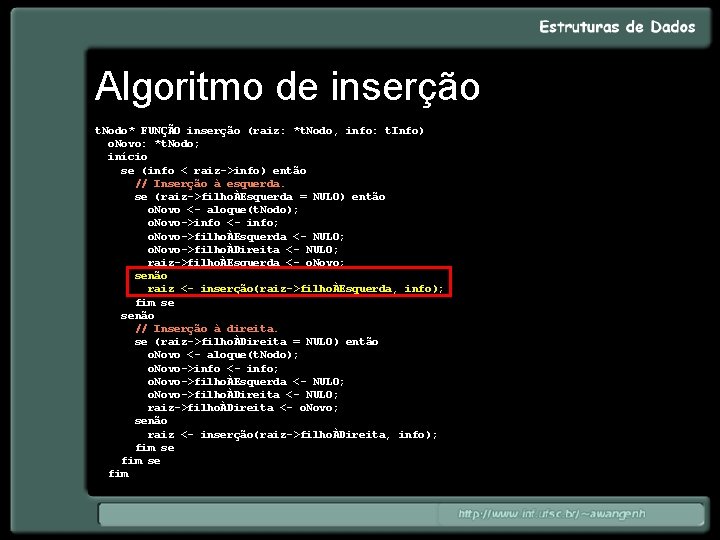 Algoritmo de inserção t. Nodo* FUNÇÃO inserção (raiz: *t. Nodo, info: t. Info) o.