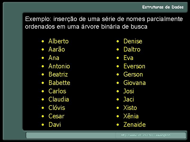 Exemplo: inserção de uma série de nomes parcialmente ordenados em uma árvore binária de