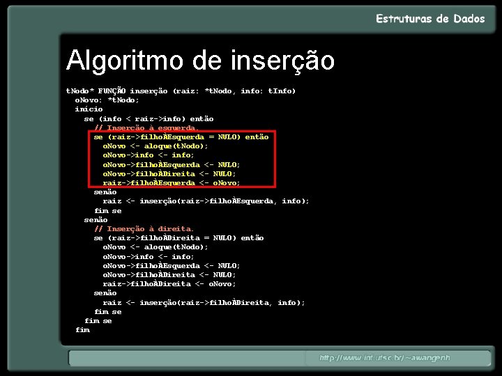 Algoritmo de inserção t. Nodo* FUNÇÃO inserção (raiz: *t. Nodo, info: t. Info) o.