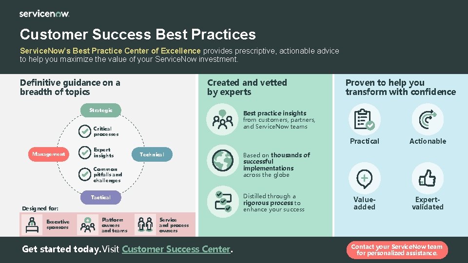 Customer Success Best Practices Service. Now’s Best Practice Center of Excellence provides prescriptive, actionable