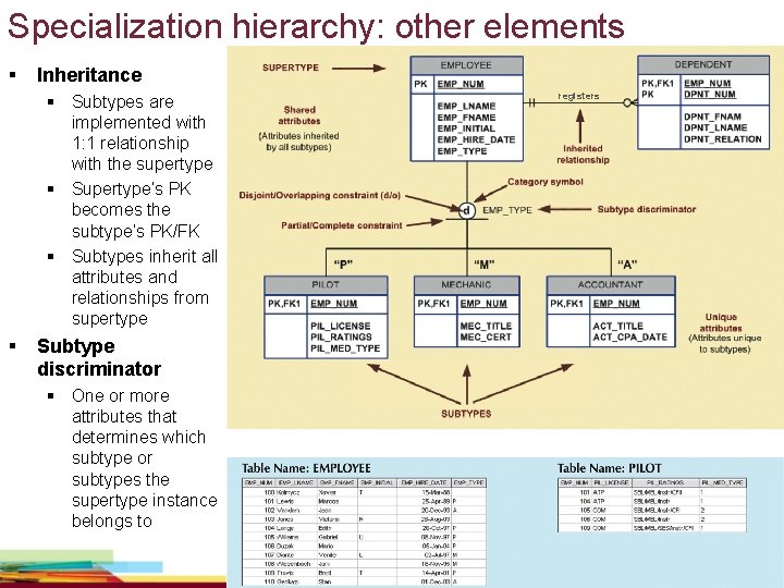 Specialization hierarchy: other elements § Inheritance § Subtypes are implemented with 1: 1 relationship Specialization hierarchy: other elements § Inheritance § Subtypes are implemented with 1: 1 relationship