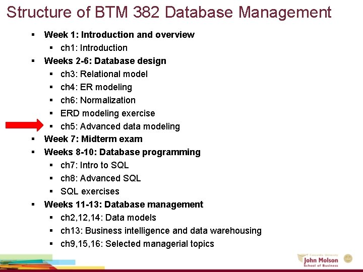 Structure of BTM 382 Database Management § § § Week 1: Introduction and overview Structure of BTM 382 Database Management § § § Week 1: Introduction and overview
