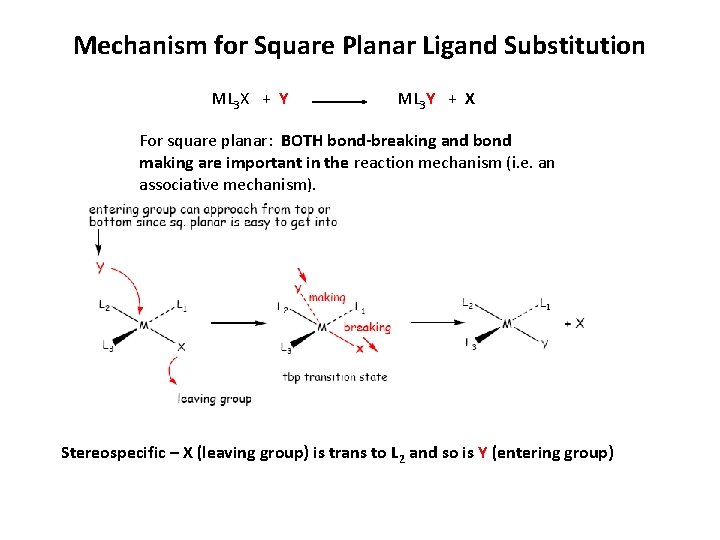 Mechanism for Square Planar Ligand Substitution ML 3 X + Y ML 3 Y Mechanism for Square Planar Ligand Substitution ML 3 X + Y ML 3 Y