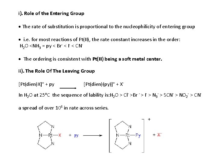 i). Role of the Entering Group The rate of substitution is proportional to the i). Role of the Entering Group The rate of substitution is proportional to the