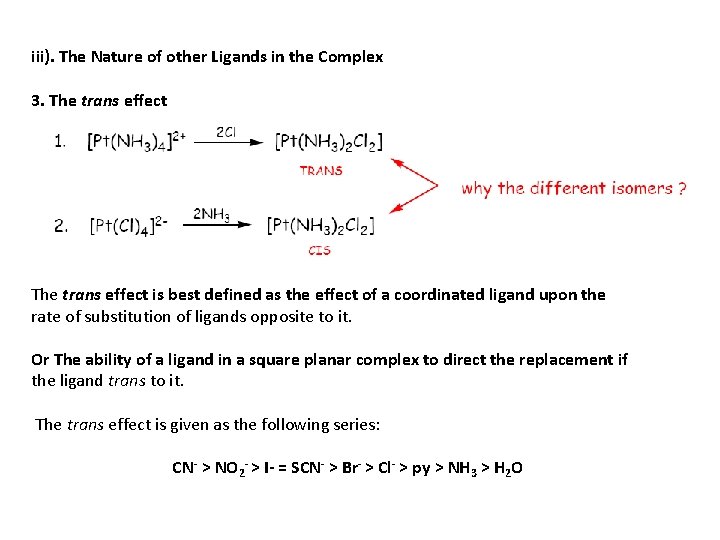 iii). The Nature of other Ligands in the Complex 3. The trans effect is iii). The Nature of other Ligands in the Complex 3. The trans effect is