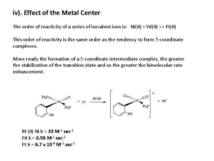 iv). Effect of the Metal Center The order of reactivity of a series of iv). Effect of the Metal Center The order of reactivity of a series of