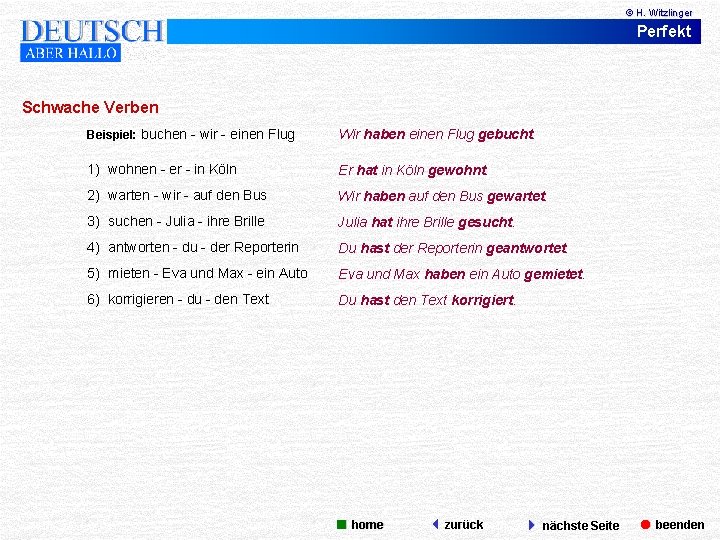 © H. Witzlinger Perfekt Schwache Verben Beispiel: buchen - wir - einen Flug Wir