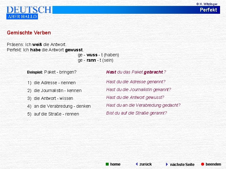 © H. Witzlinger Perfekt Gemischte Verben Präsens: Ich weiß die Antwort. Perfekt: Ich habe
