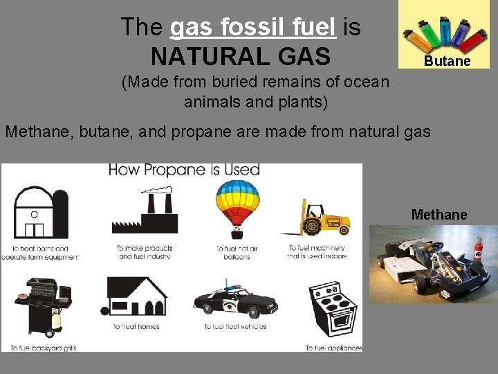 The gas fossil fuel is NATURAL GAS Butane (Made from buried remains of ocean