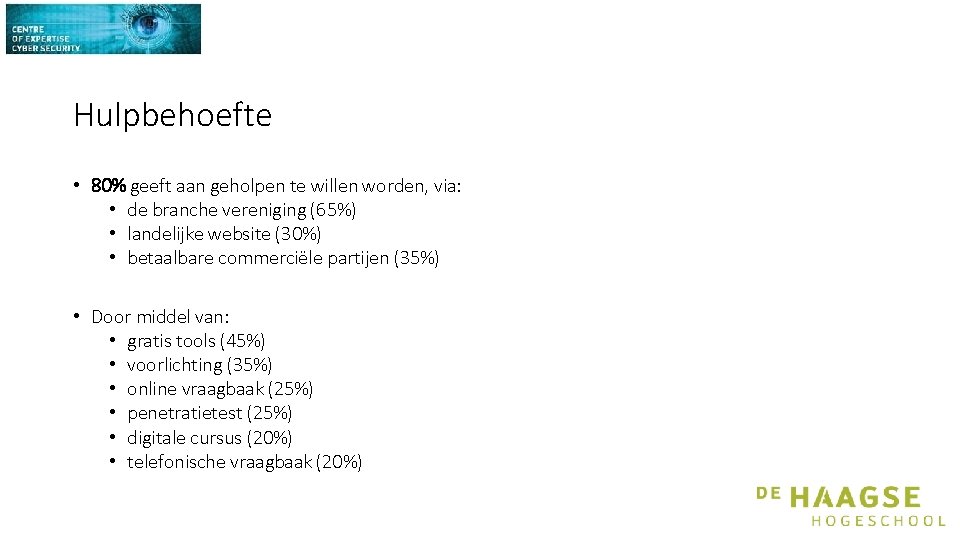 Hulpbehoefte • 80% geeft aan geholpen te willen worden, via: • de branche vereniging