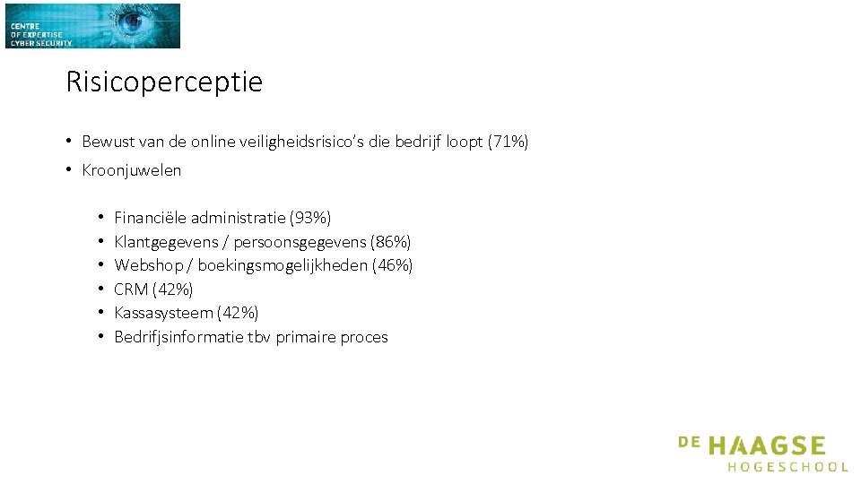 Risicoperceptie • Bewust van de online veiligheidsrisico’s die bedrijf loopt (71%) • Kroonjuwelen •