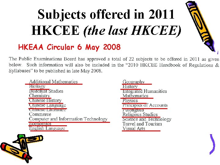 Subjects offered in 2011 HKCEE (the last HKCEE) HKEAA Circular 6 May 2008 