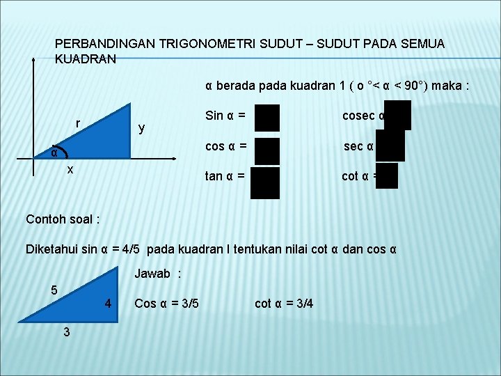 PERBANDINGAN TRIGONOMETRI SUDUT – SUDUT PADA SEMUA KUADRAN α berada pada kuadran 1 (