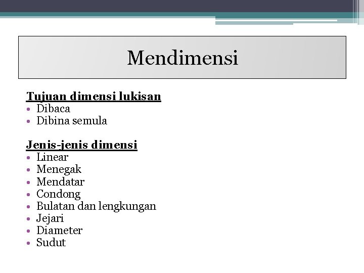 Mendimensi Tujuan dimensi lukisan • Dibaca • Dibina semula Jenis-jenis dimensi • Linear •