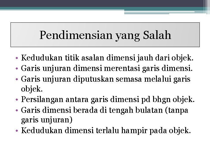 Pendimensian yang Salah • Kedudukan titik asalan dimensi jauh dari objek. • Garis unjuran