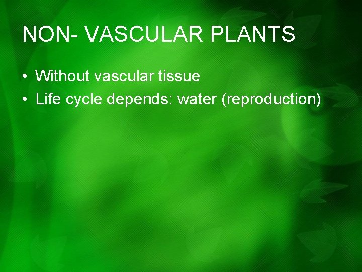 NON- VASCULAR PLANTS • Without vascular tissue • Life cycle depends: water (reproduction) NON- VASCULAR PLANTS • Without vascular tissue • Life cycle depends: water (reproduction)