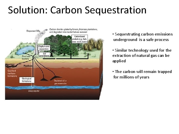 Solution: Carbon Sequestration • Sequestrating carbon emissions underground is a safe process • Similar