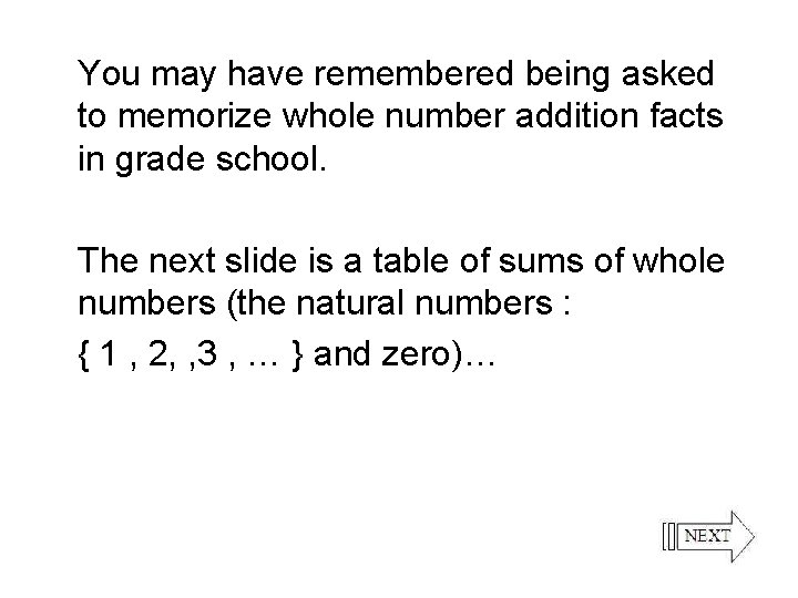 You may have remembered being asked to memorize whole number addition facts in grade