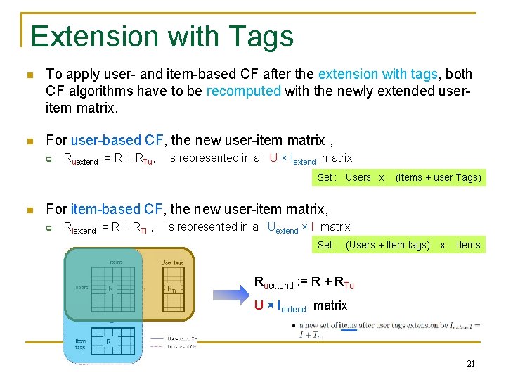 Extension with Tags n To apply user- and item-based CF after the extension with