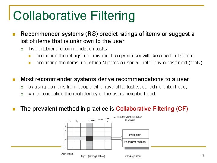 Collaborative Filtering n Recommender systems (RS) predict ratings of items or suggest a list