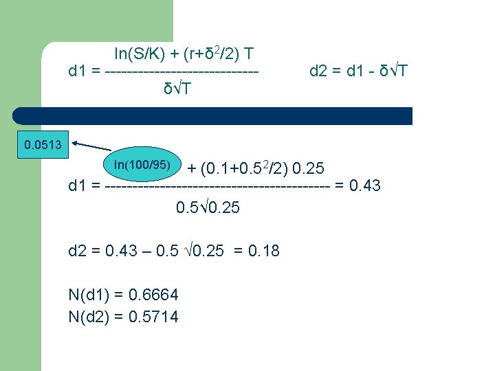 In(S/K) + (r+δ 2/2) T d 1 = --------------δ√T d 2 = d 1