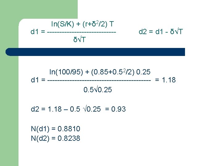 In(S/K) + (r+δ 2/2) T d 1 = --------------δ√T d 2 = d 1