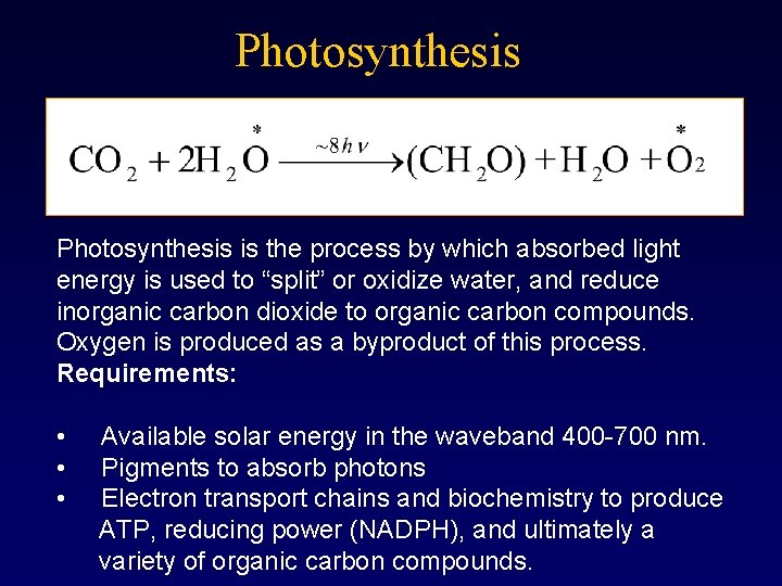 Photosynthesis is the process by which absorbed light energy is used to “split” or