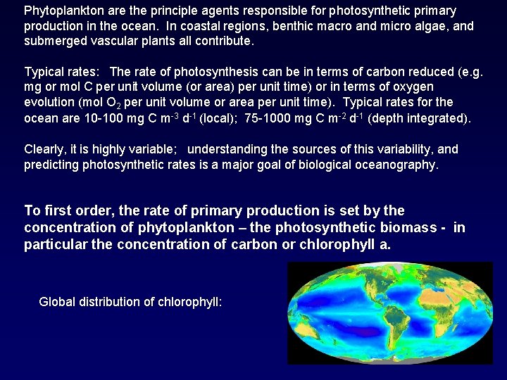 Phytoplankton are the principle agents responsible for photosynthetic primary production in the ocean. In