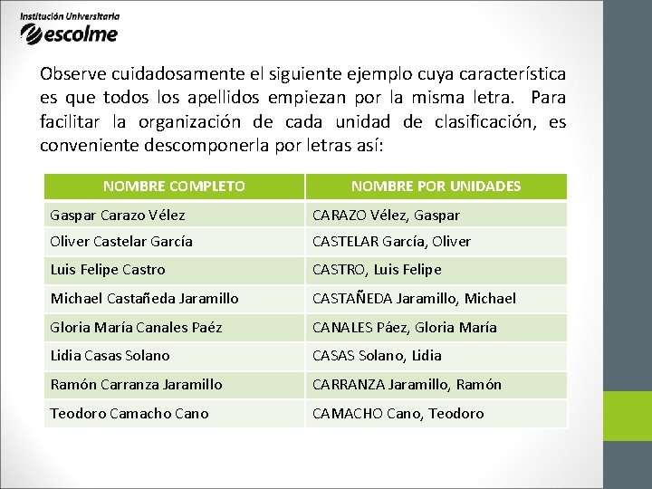 Observe cuidadosamente el siguiente ejemplo cuya característica es que todos los apellidos empiezan por Observe cuidadosamente el siguiente ejemplo cuya característica es que todos los apellidos empiezan por