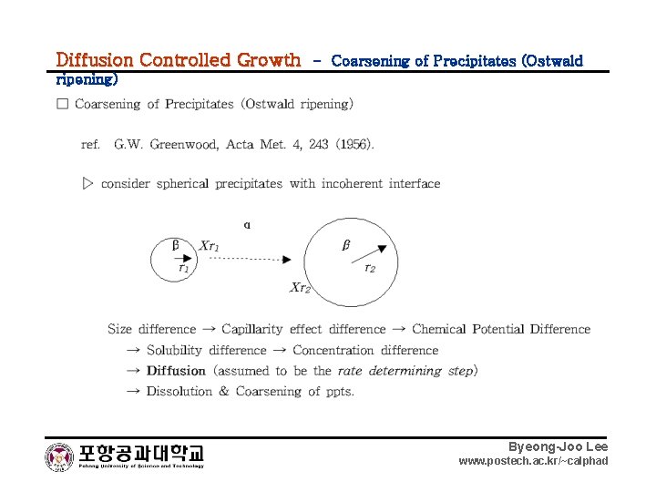 Diffusion Controlled Growth - Coarsening of Precipitates (Ostwald ripening) Byeong-Joo Lee www. postech. ac.