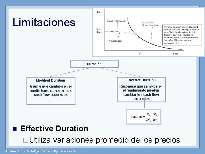 Limitaciones Duración n Modified Duration Effective Duration Asume que cambios en el rendimiento no