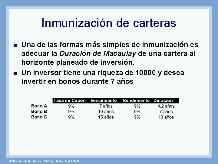 Inmunización de carteras n n Una de las formas más simples de inmunización es