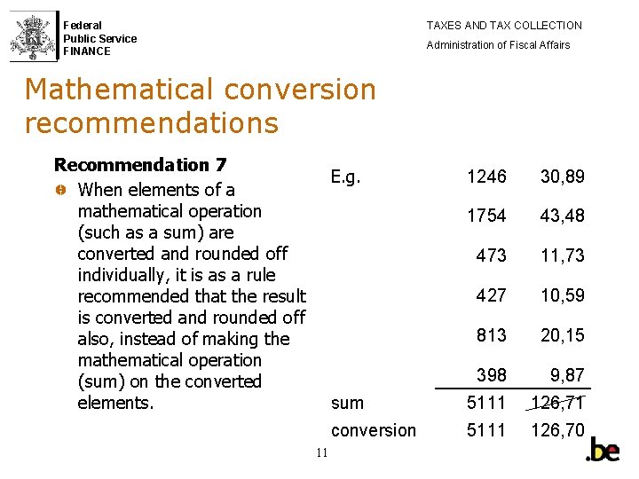 Federal Public Service FINANCE TAXES AND TAX COLLECTION Administration of Fiscal Affairs Mathematical conversion