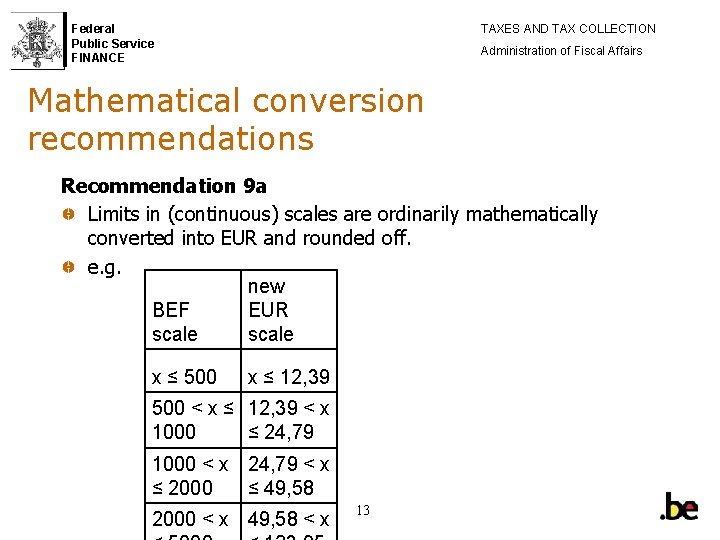 Federal Public Service FINANCE TAXES AND TAX COLLECTION Administration of Fiscal Affairs Mathematical conversion