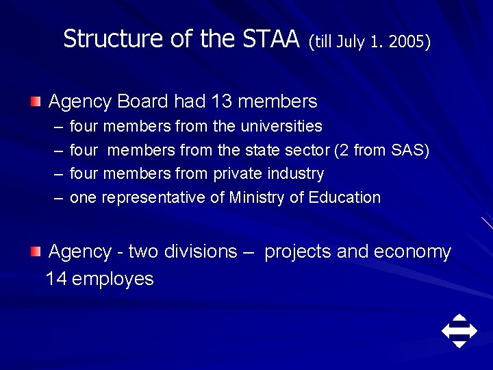 Structure of the STAA (till July 1. 2005) Agency Board had 13 members –