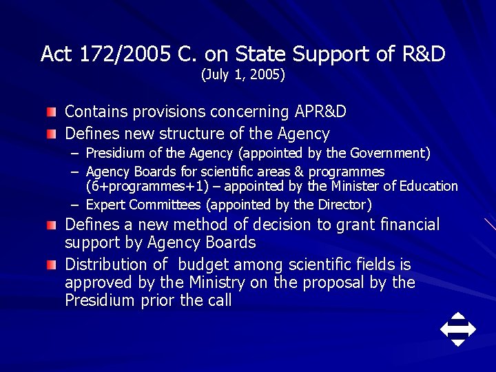 Act 172/2005 C. on State Support of R&D (July 1, 2005) Contains provisions concerning