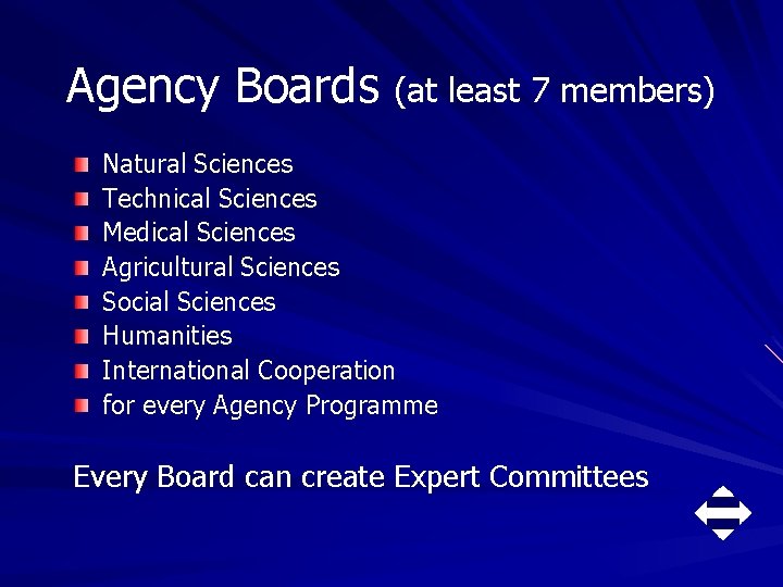 Agency Boards (at least 7 members) Natural Sciences Technical Sciences Medical Sciences Agricultural Sciences