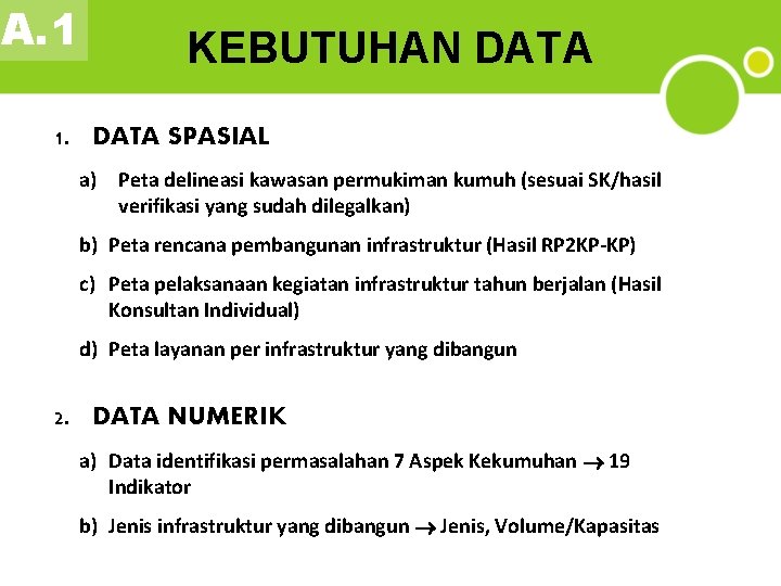 A. 1 KEBUTUHAN DATA 1. DATA SPASIAL a) Peta delineasi kawasan permukiman kumuh (sesuai