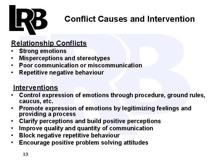 Conflict Causes and Intervention Relationship Conflicts • • Strong emotions Misperceptions and stereotypes Poor