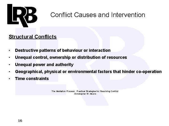 Conflict Causes and Intervention Structural Conflicts • Destructive patterns of behaviour or interaction •