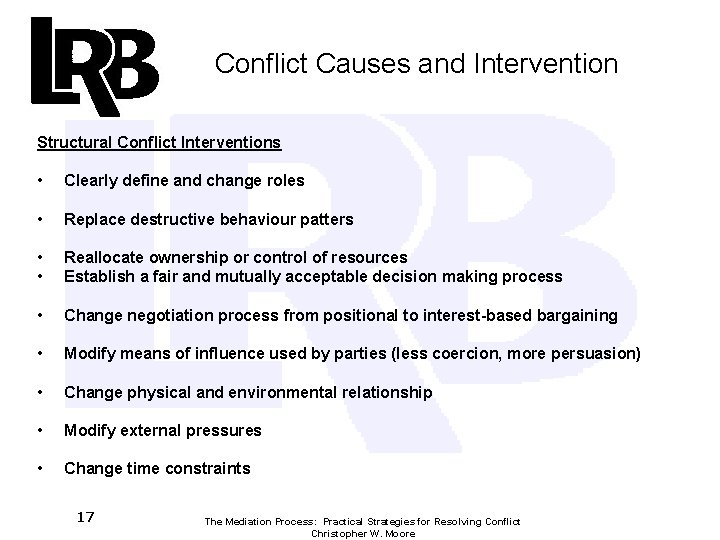 Conflict Causes and Intervention Structural Conflict Interventions • Clearly define and change roles •
