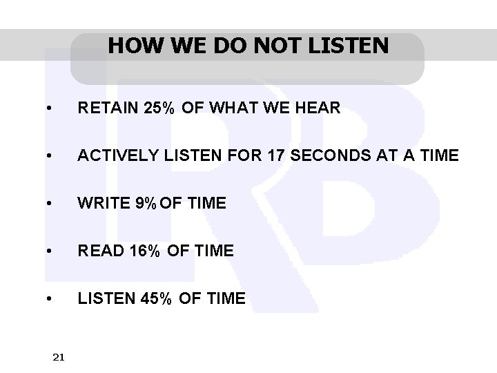 HOW WE DO NOT LISTEN • RETAIN 25% OF WHAT WE HEAR • ACTIVELY