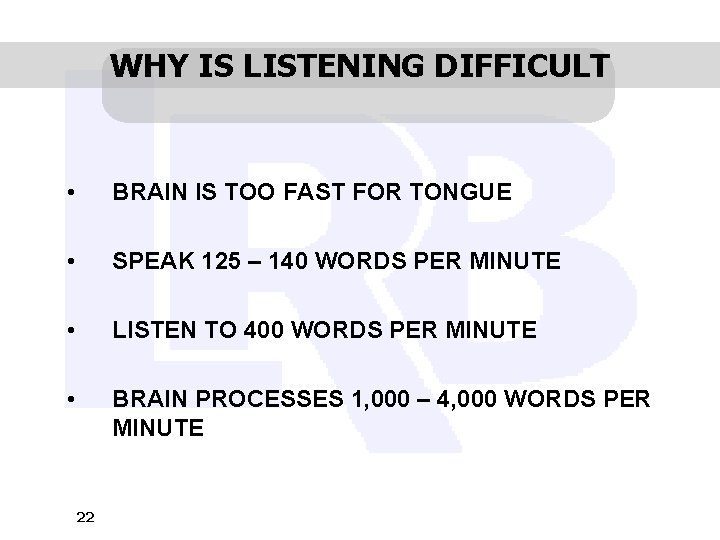 WHY IS LISTENING DIFFICULT • BRAIN IS TOO FAST FOR TONGUE • SPEAK 125